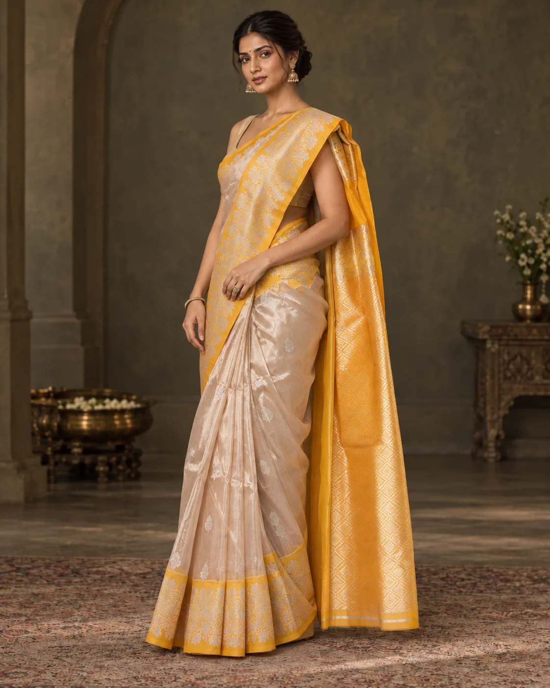 Yellow & Silver Tissue Katan Saree, Kadial Border