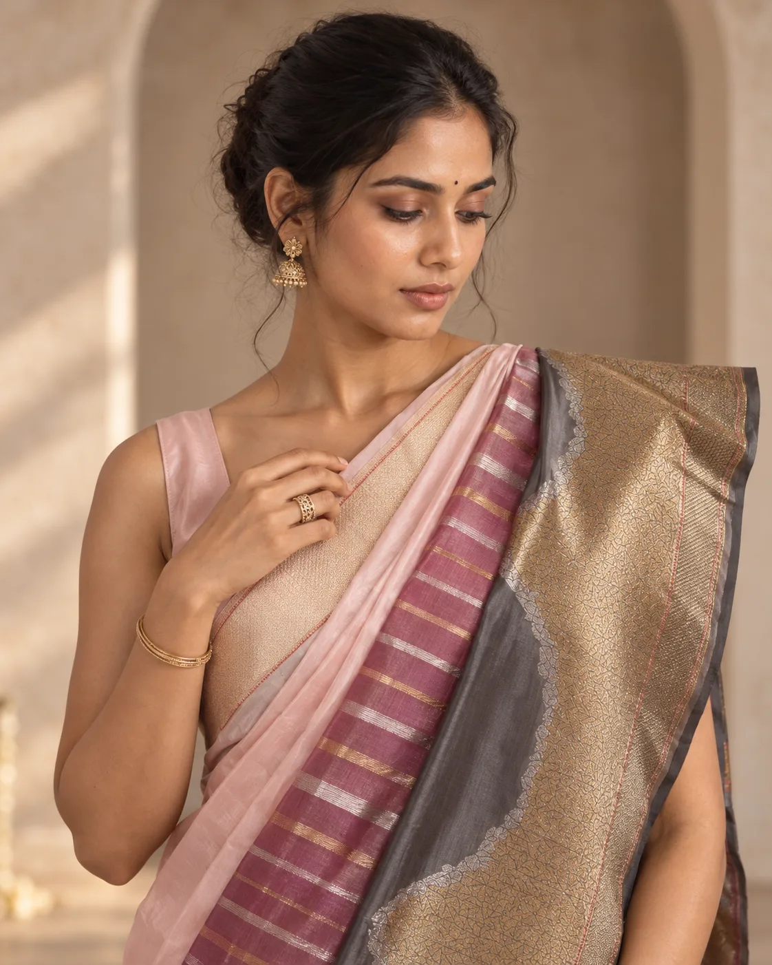 Pink & Grey Katan Saree, Tissue Border