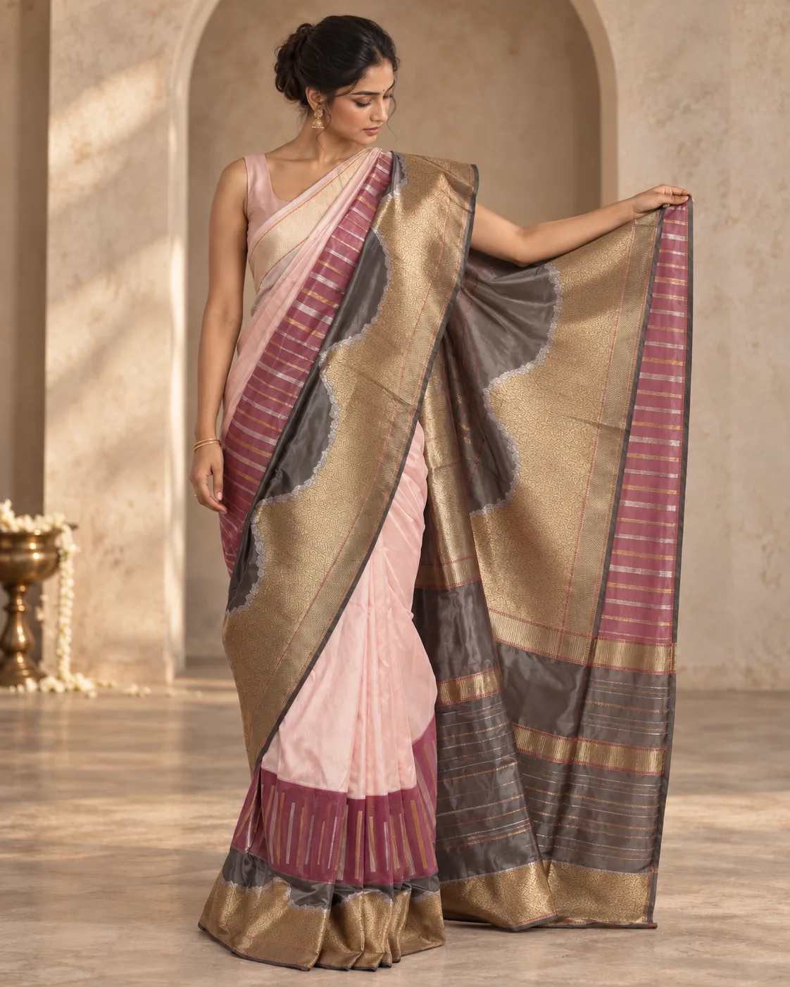 Pink & Grey Katan Saree, Tissue Border
