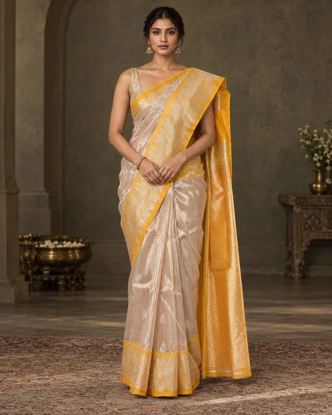 Yellow & Silver Tissue Katan Saree, Kadial Border
