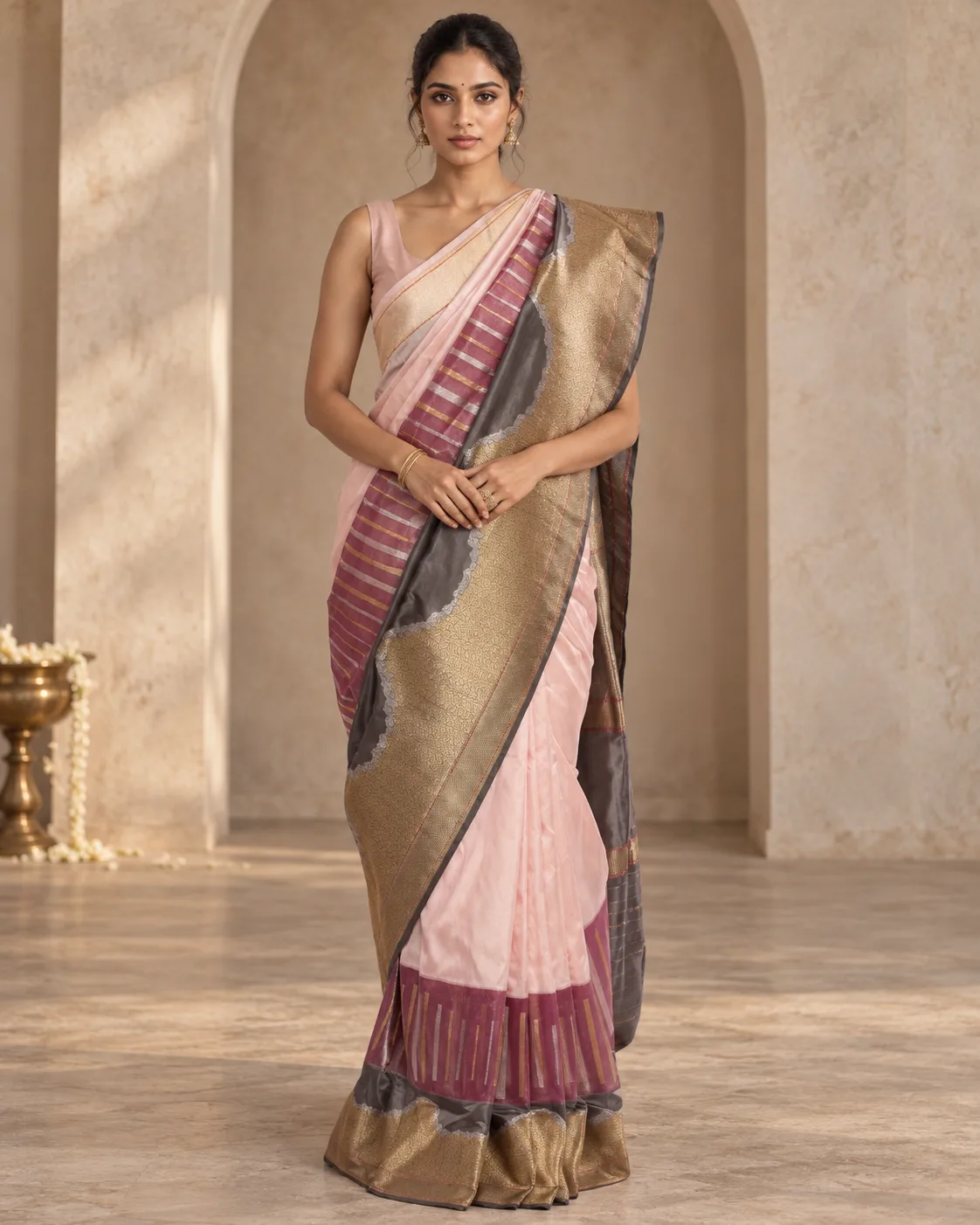 Pink & Grey Katan Saree, Tissue Border