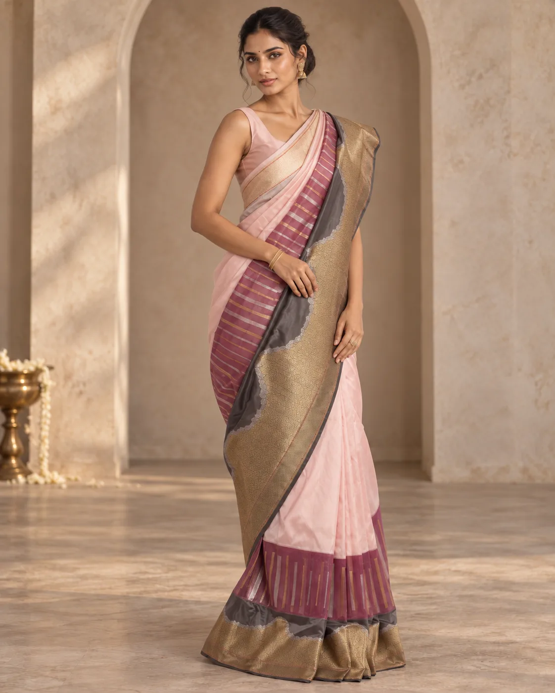 Pink & Grey Katan Saree, Tissue Border