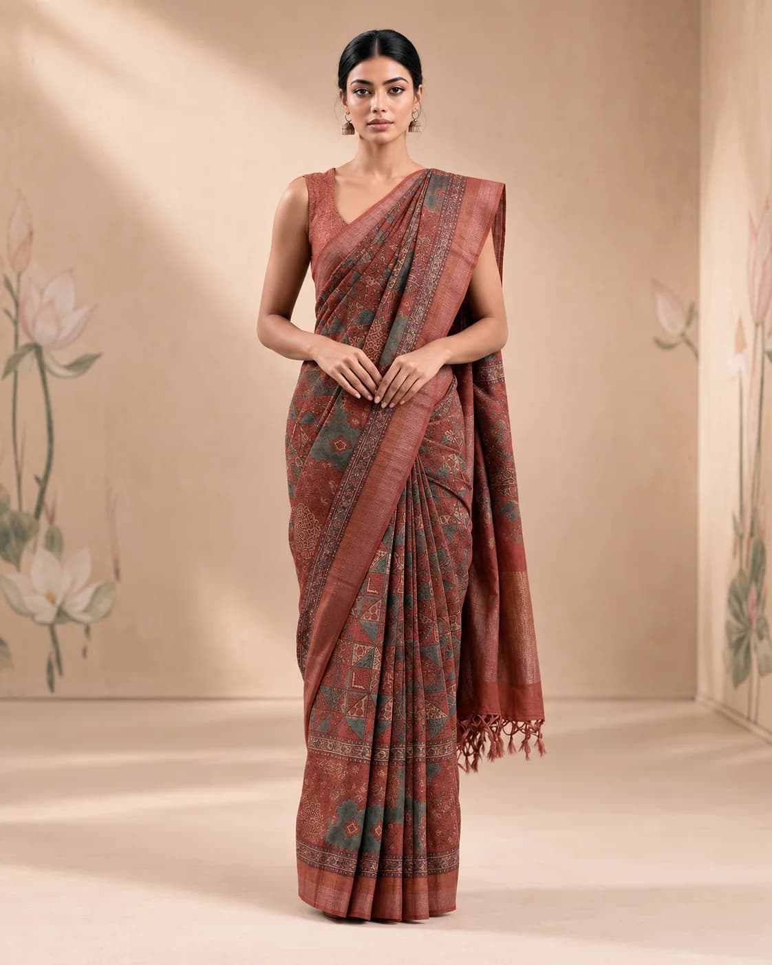 Brown Ajrakh Munga Tussar Saree