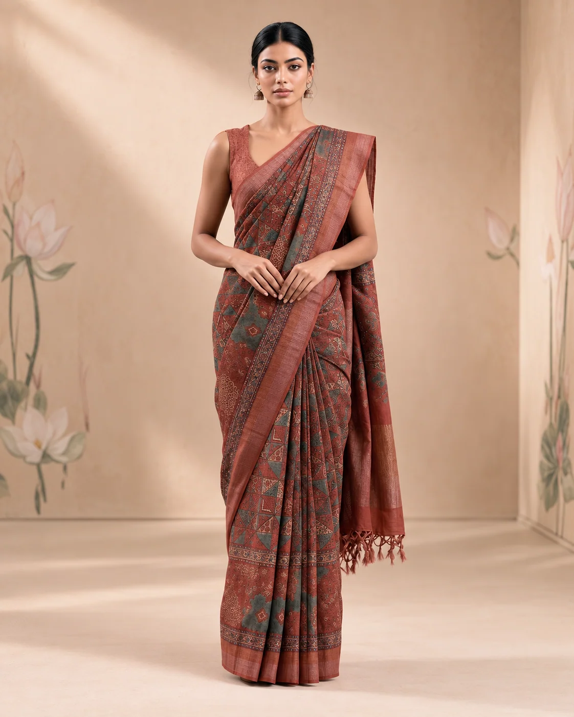 Brown Ajrakh Munga Tussar Saree