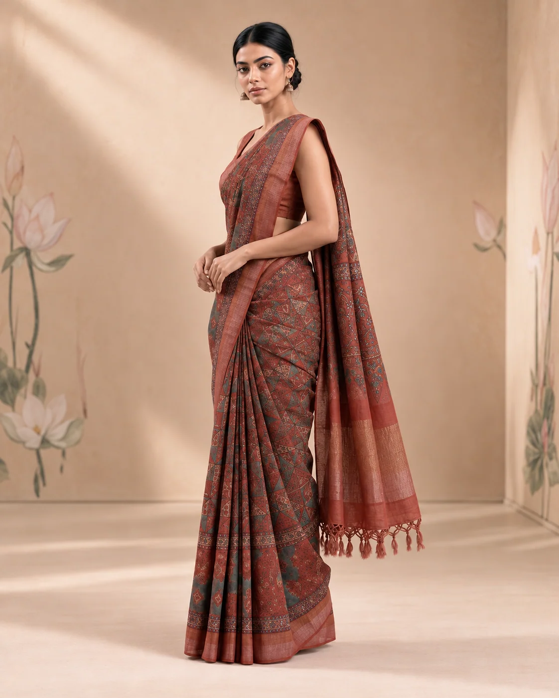 Brown Ajrakh Munga Tussar Saree