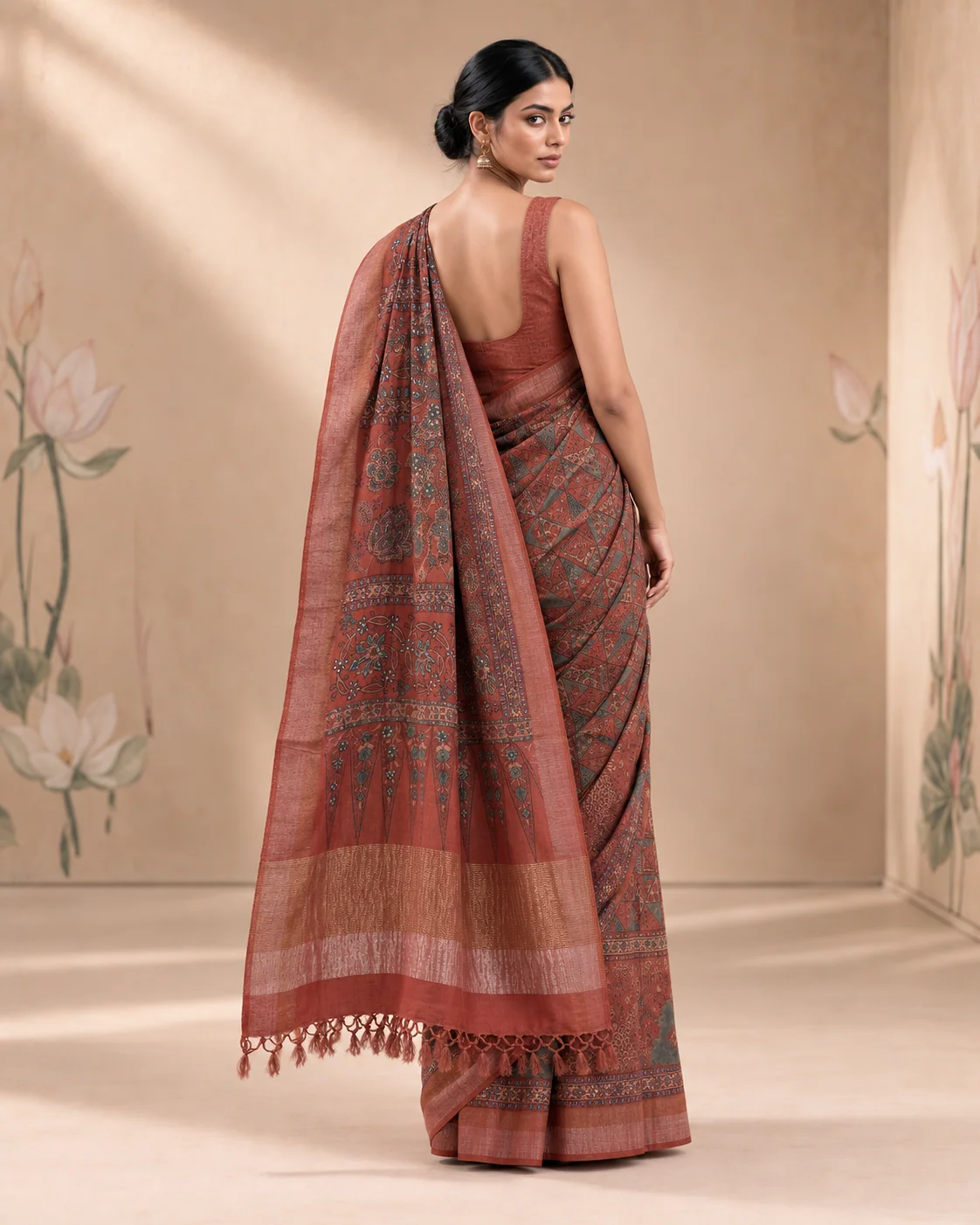 Brown Ajrakh Munga Tussar Saree
