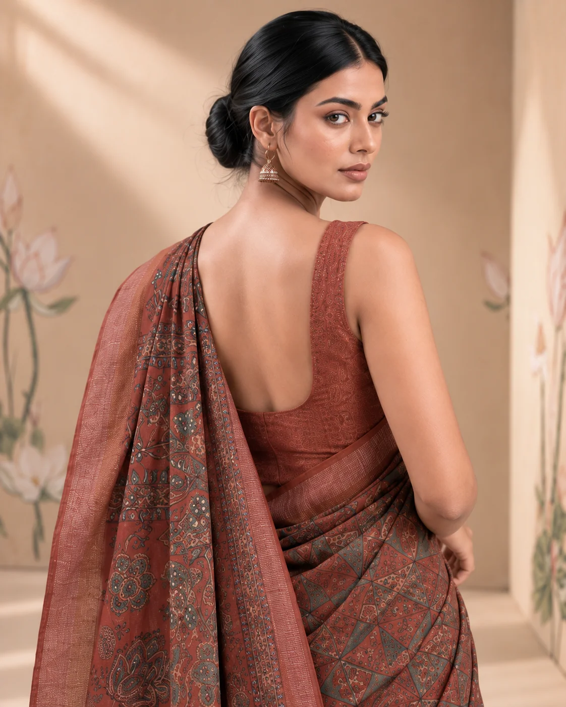 Brown Ajrakh Munga Tussar Saree