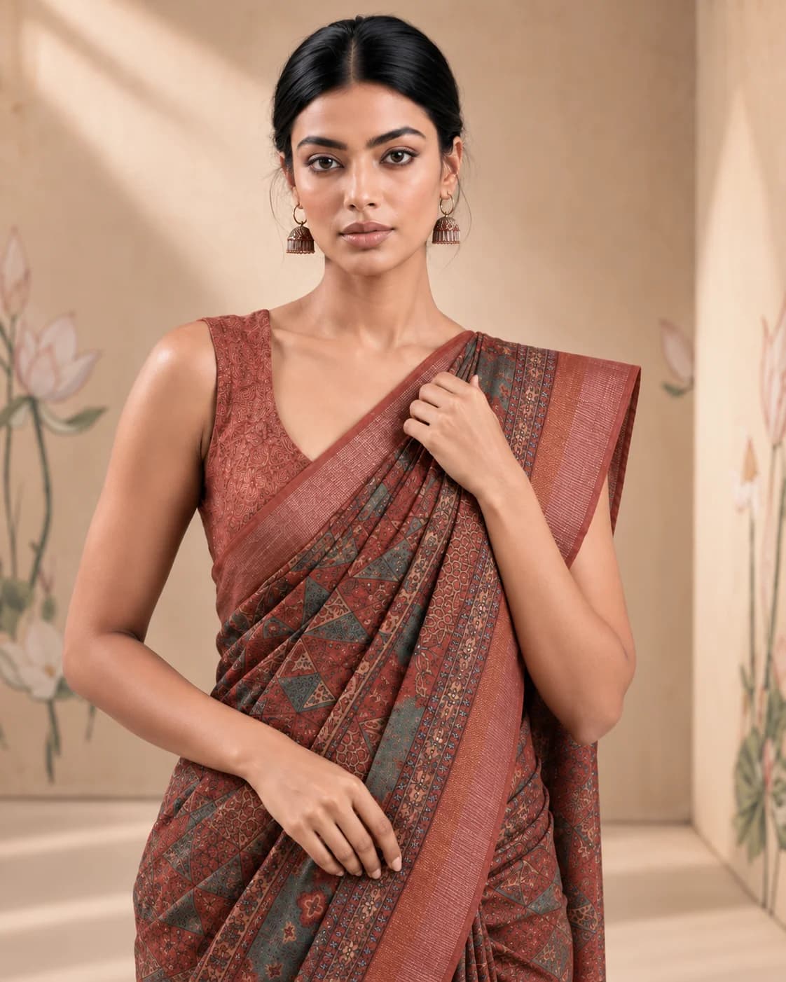Brown Ajrakh Munga Tussar Saree