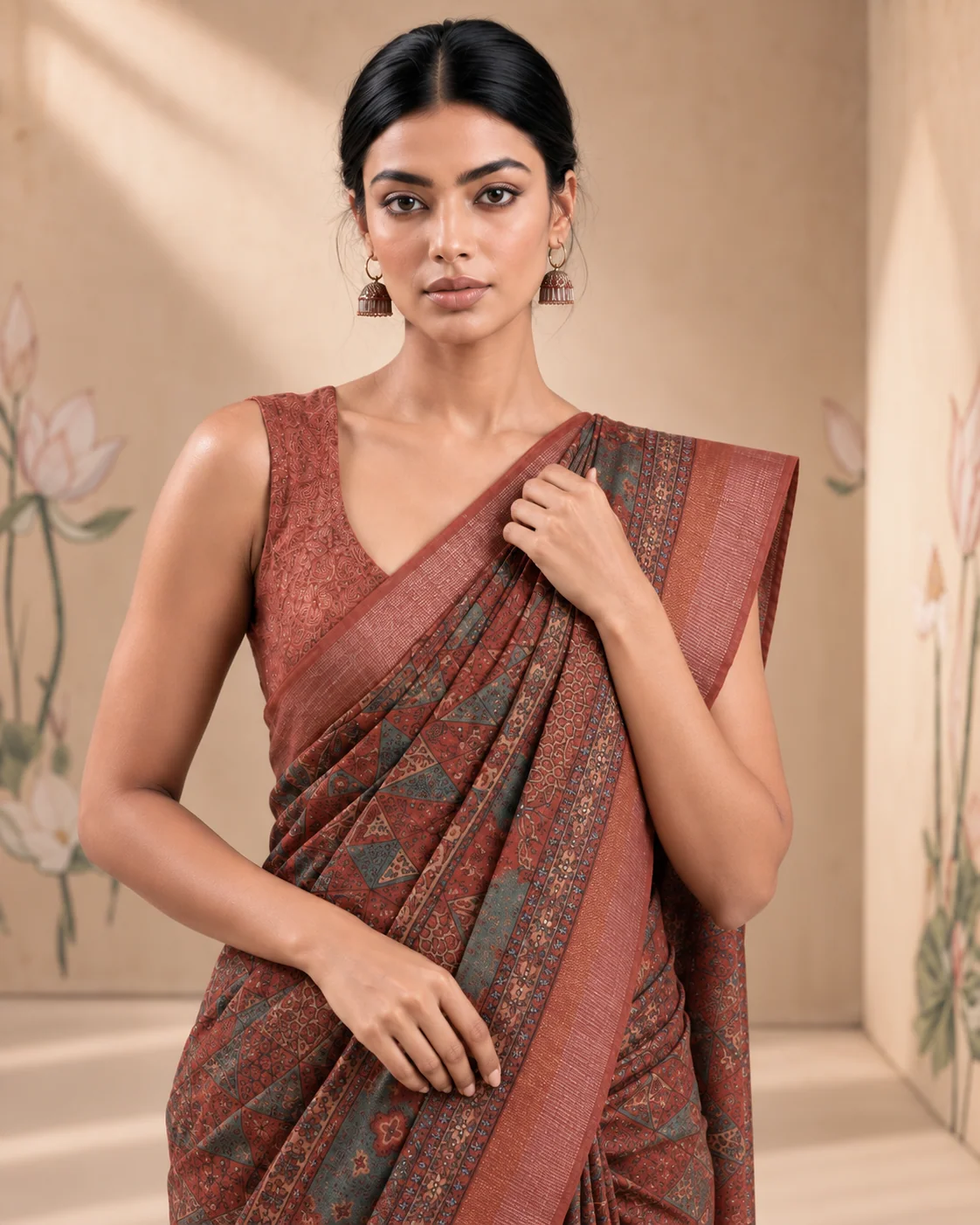 Brown Ajrakh Munga Tussar Saree