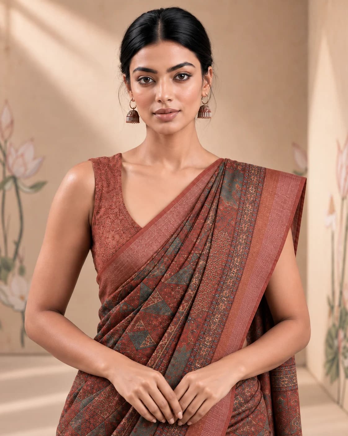 Brown Ajrakh Munga Tussar Saree