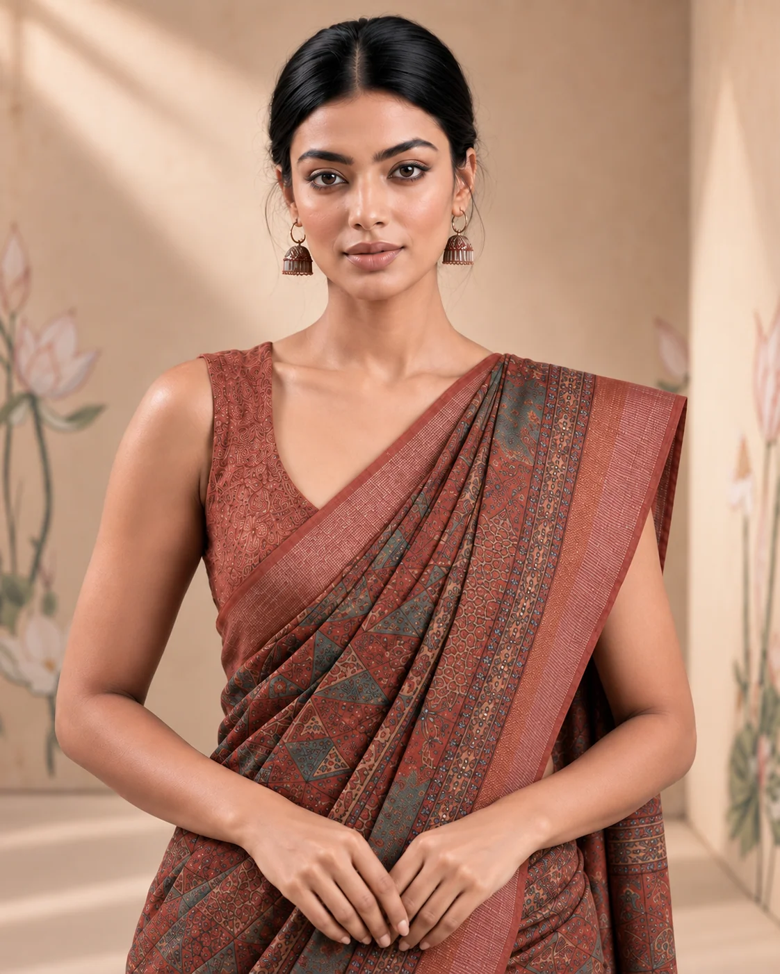 Brown Ajrakh Munga Tussar Saree