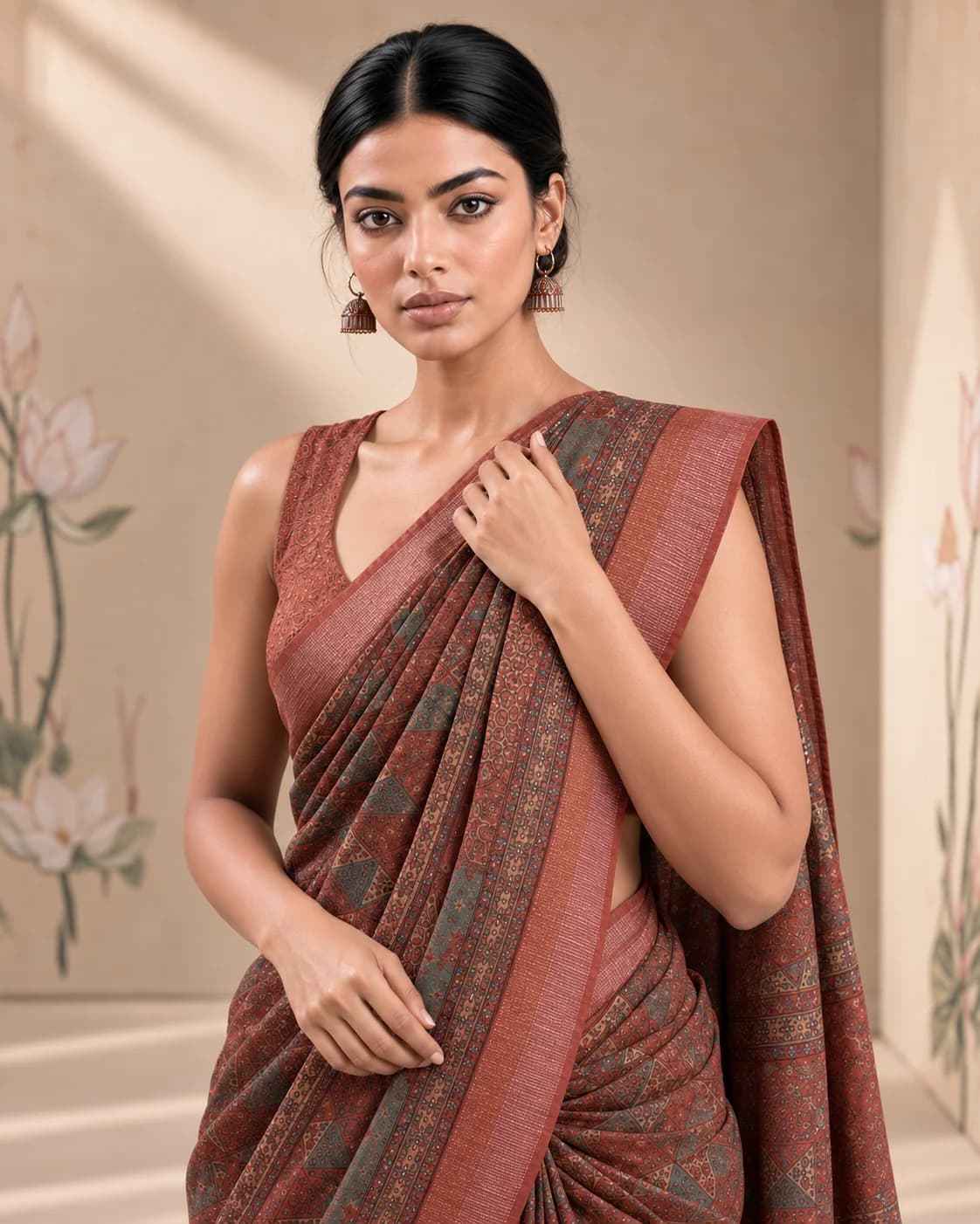 Brown Ajrakh Munga Tussar Saree