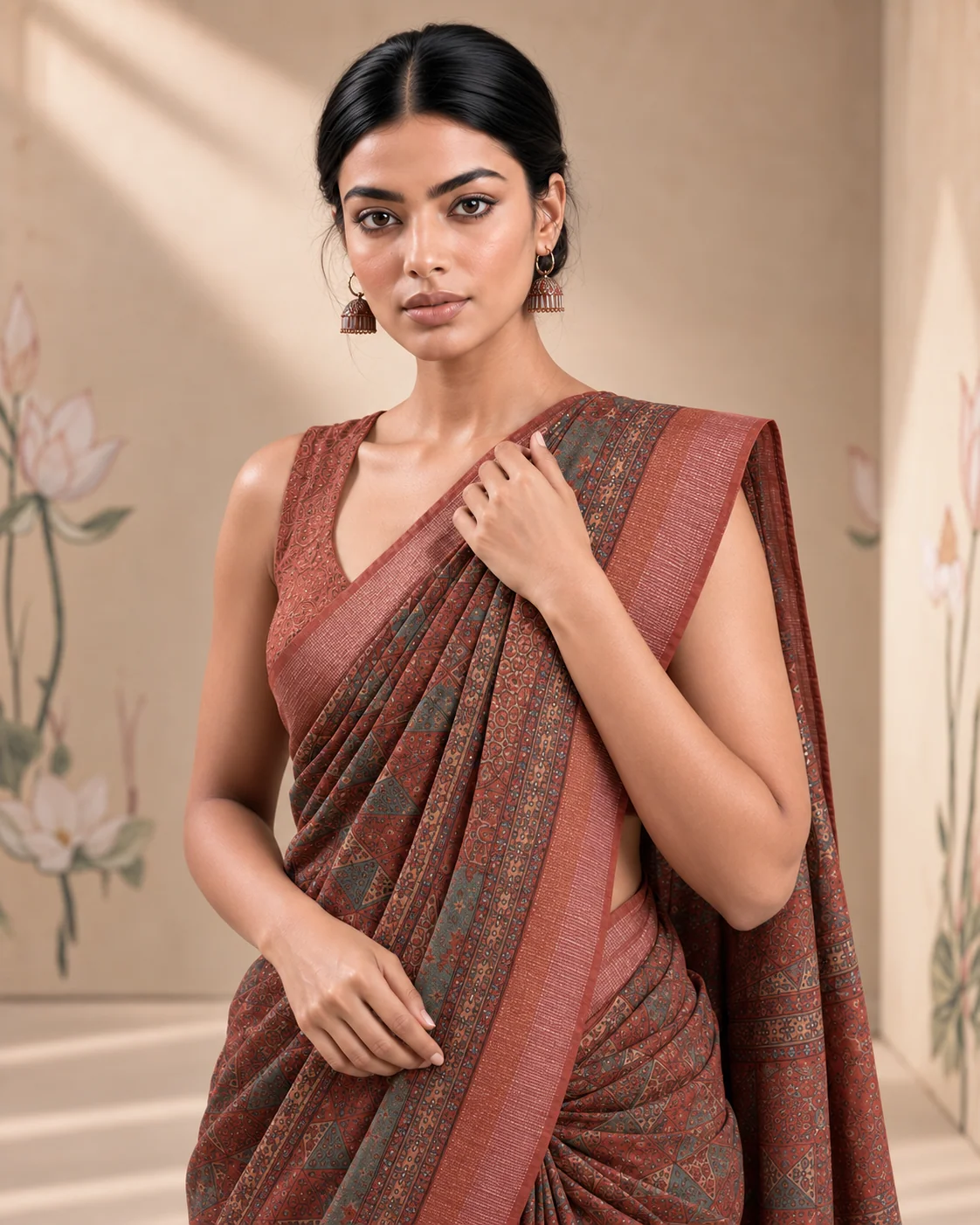 Brown Ajrakh Munga Tussar Saree