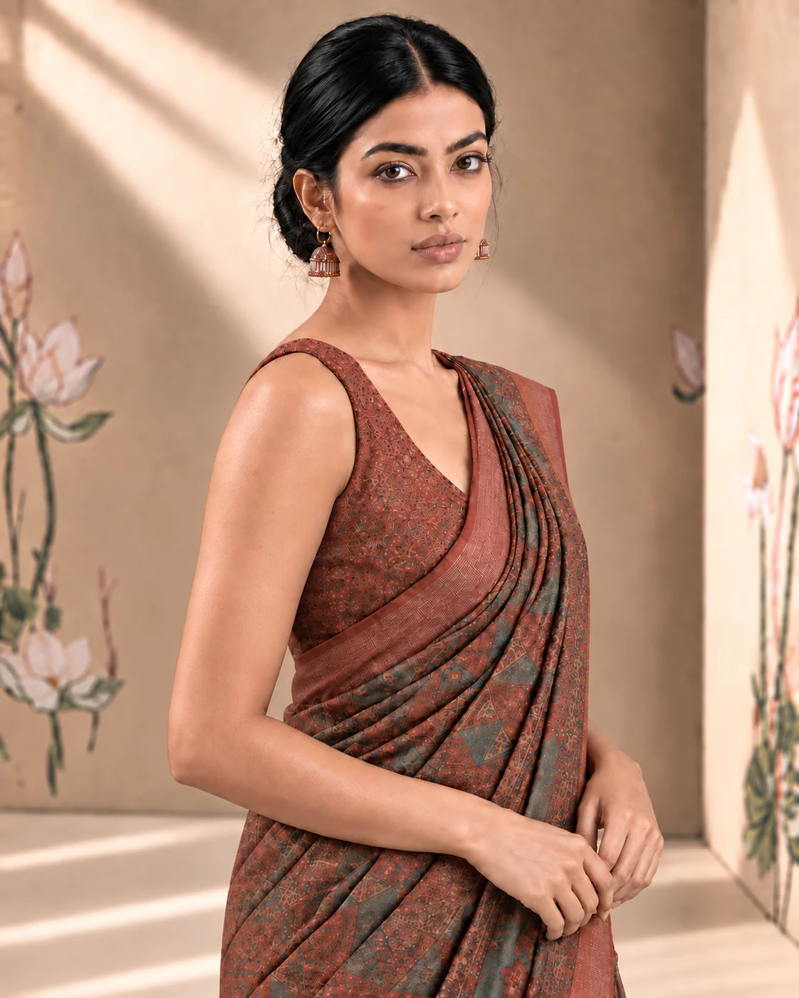 Brown Ajrakh Munga Tussar Saree