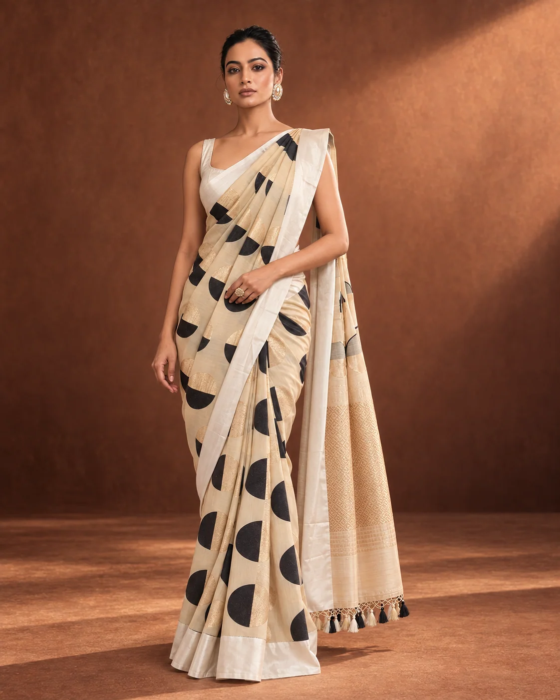 Beige Munga Saree, Satin Border, Gold Polka Dots
