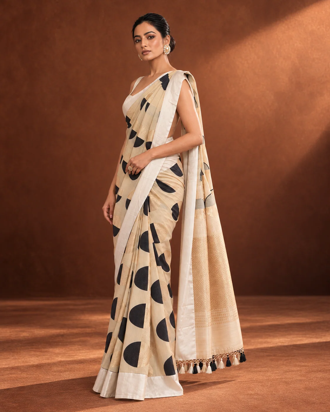 Beige Munga Saree, Satin Border, Gold Polka Dots