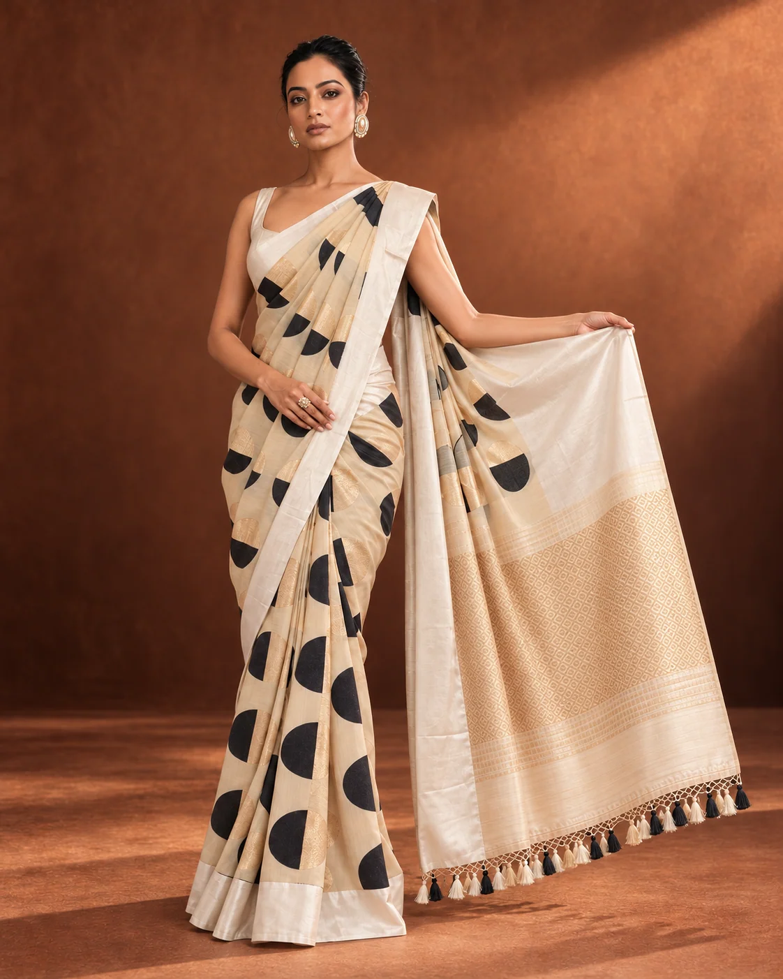 Beige Munga Saree, Satin Border, Gold Polka Dots
