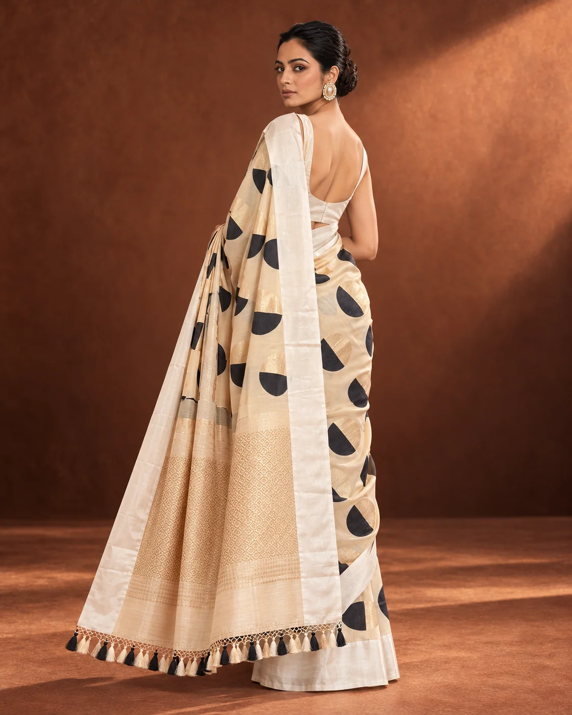 Beige Munga Saree, Satin Border, Gold Polka Dots