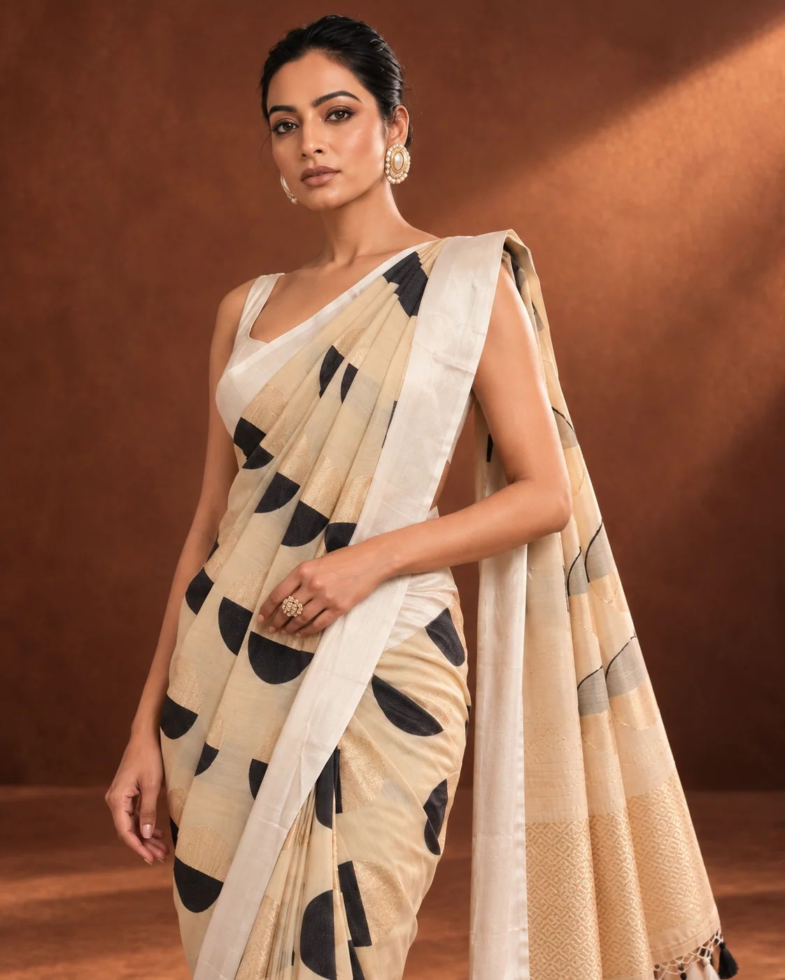 Beige Munga Saree, Satin Border, Gold Polka Dots