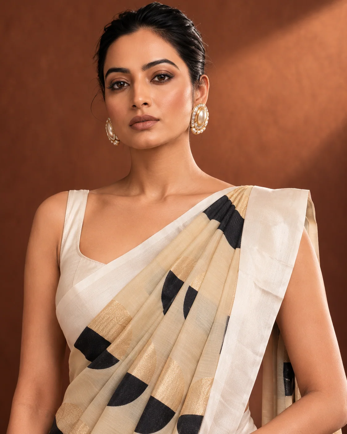 Beige Munga Saree, Satin Border, Gold Polka Dots