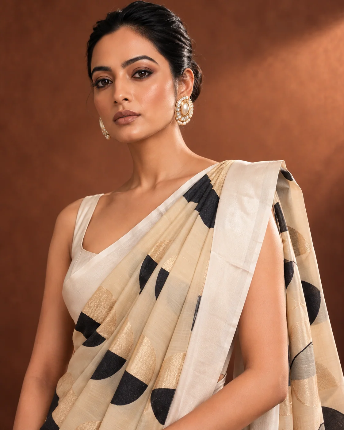 Beige Munga Saree, Satin Border, Gold Polka Dots
