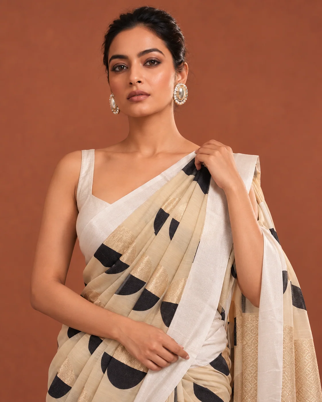 Beige Munga Saree, Satin Border, Gold Polka Dots