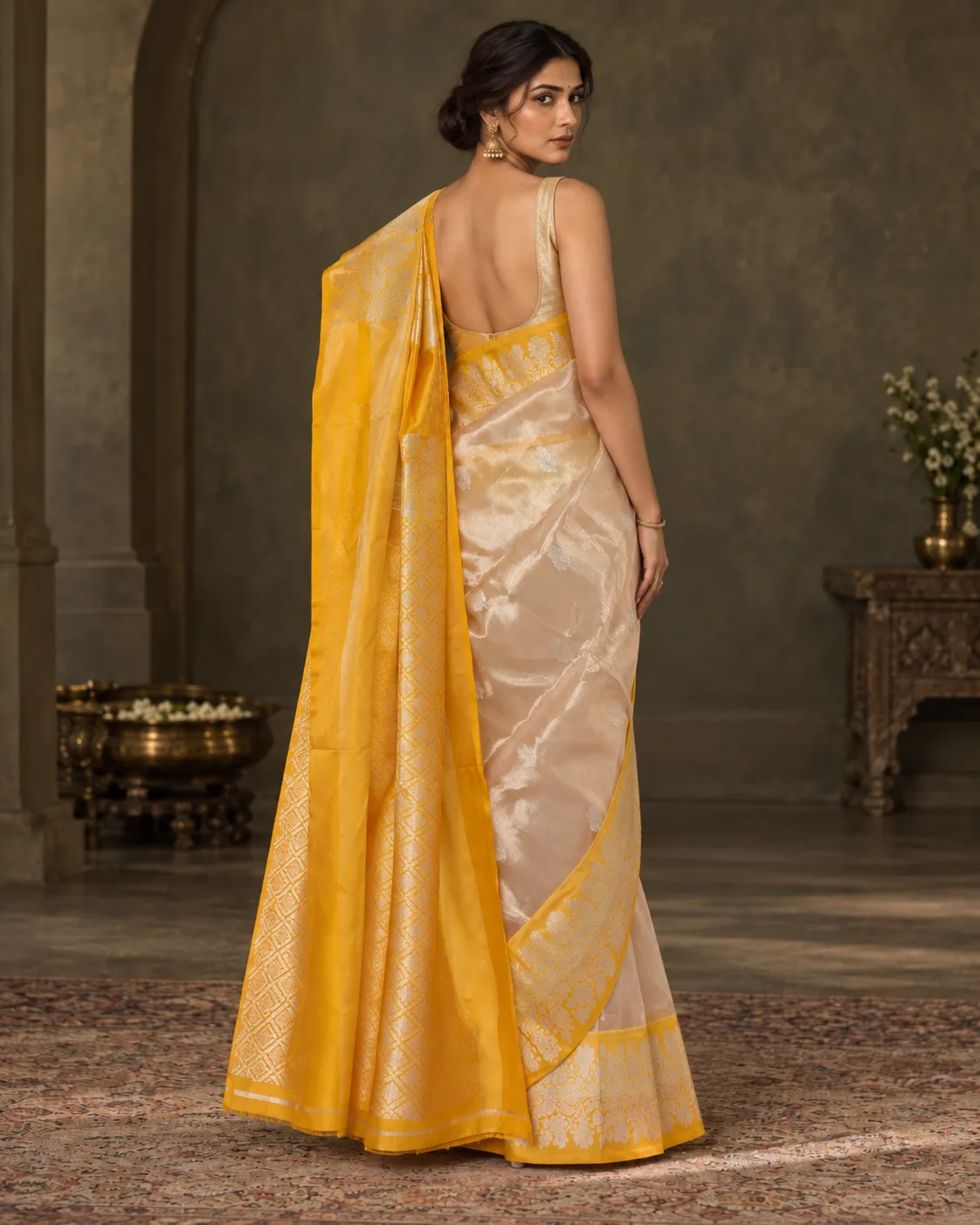 Yellow & Silver Tissue Katan Saree, Kadial Border