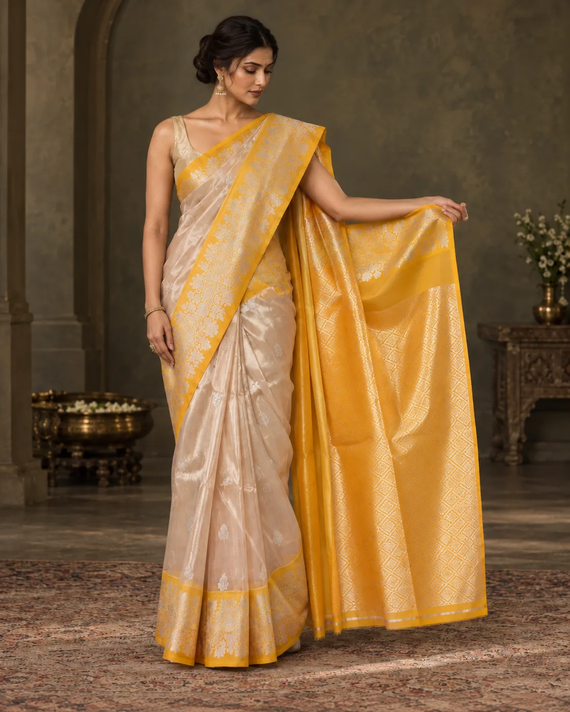 Yellow & Silver Tissue Katan Saree, Kadial Border