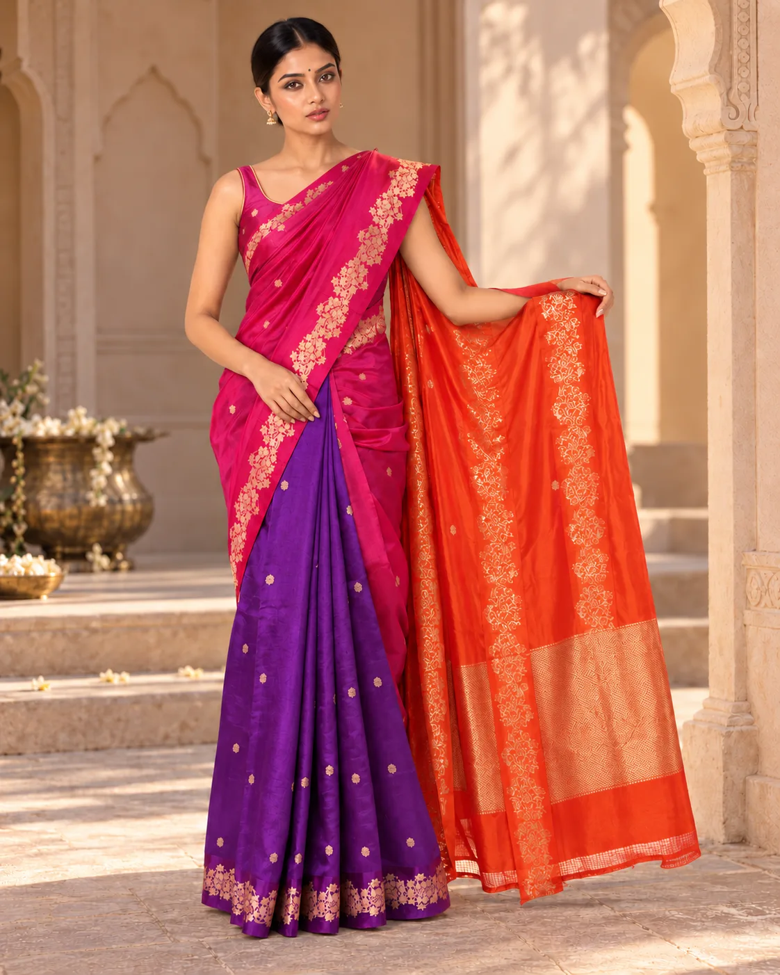 Red & Orange Mashru Silk Saree