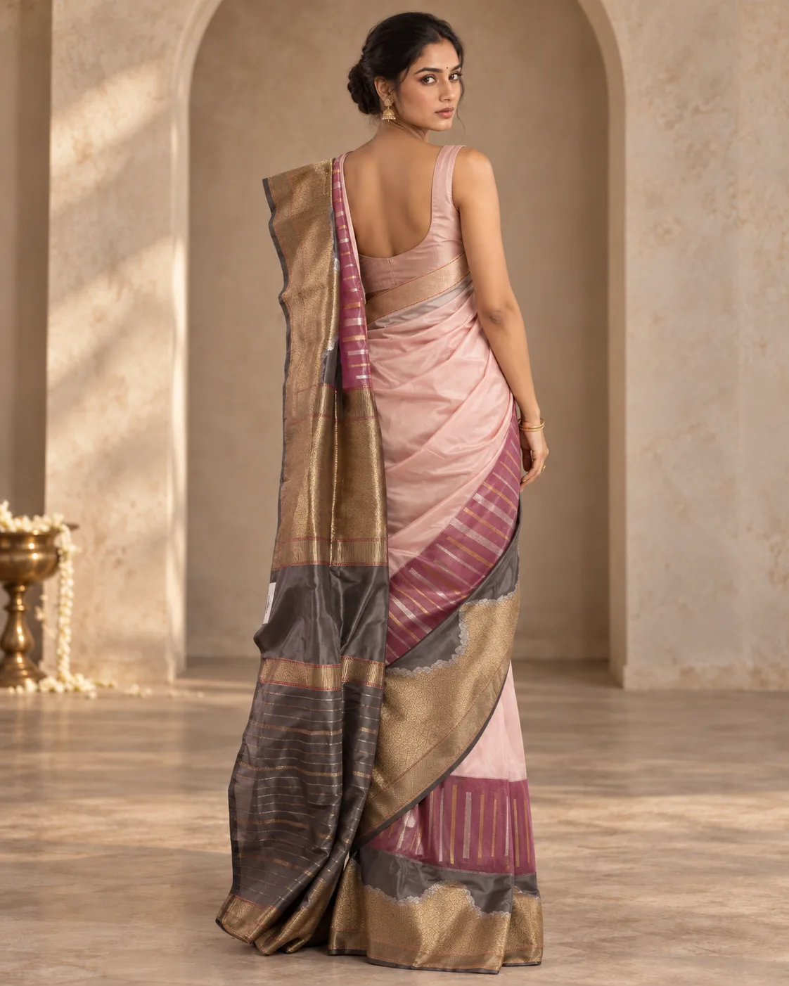 Pink & Grey Katan Saree, Tissue Border