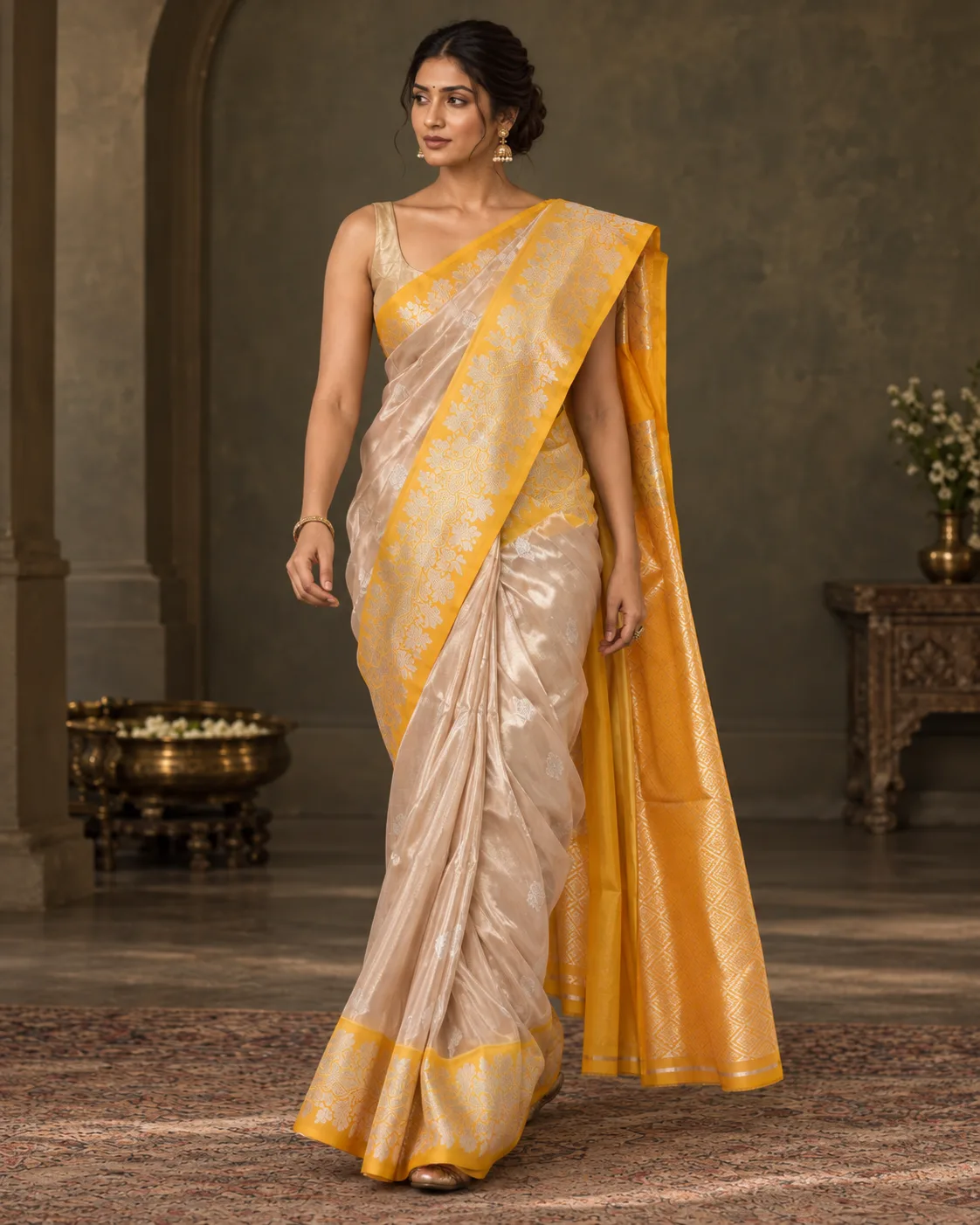 Yellow & Silver Tissue Katan Saree, Kadial Border