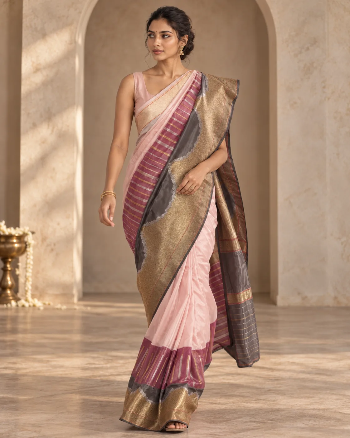 Pink & Grey Katan Saree, Tissue Border