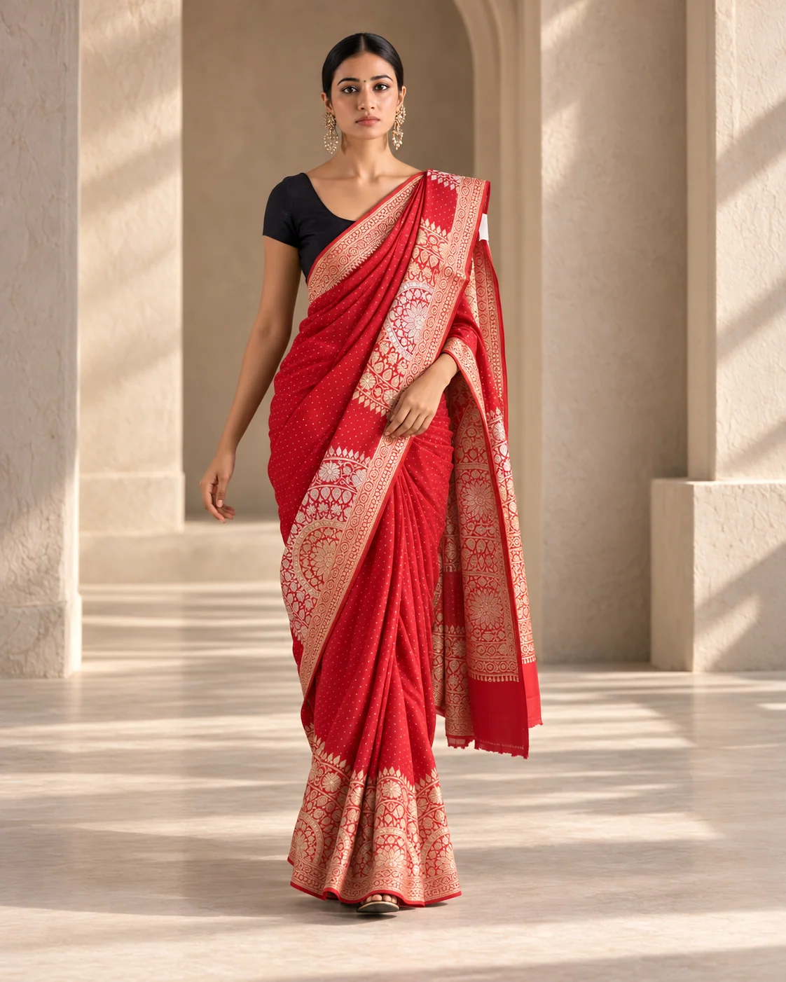 Red Mashru Silk Saree, Sona Rupa Zari