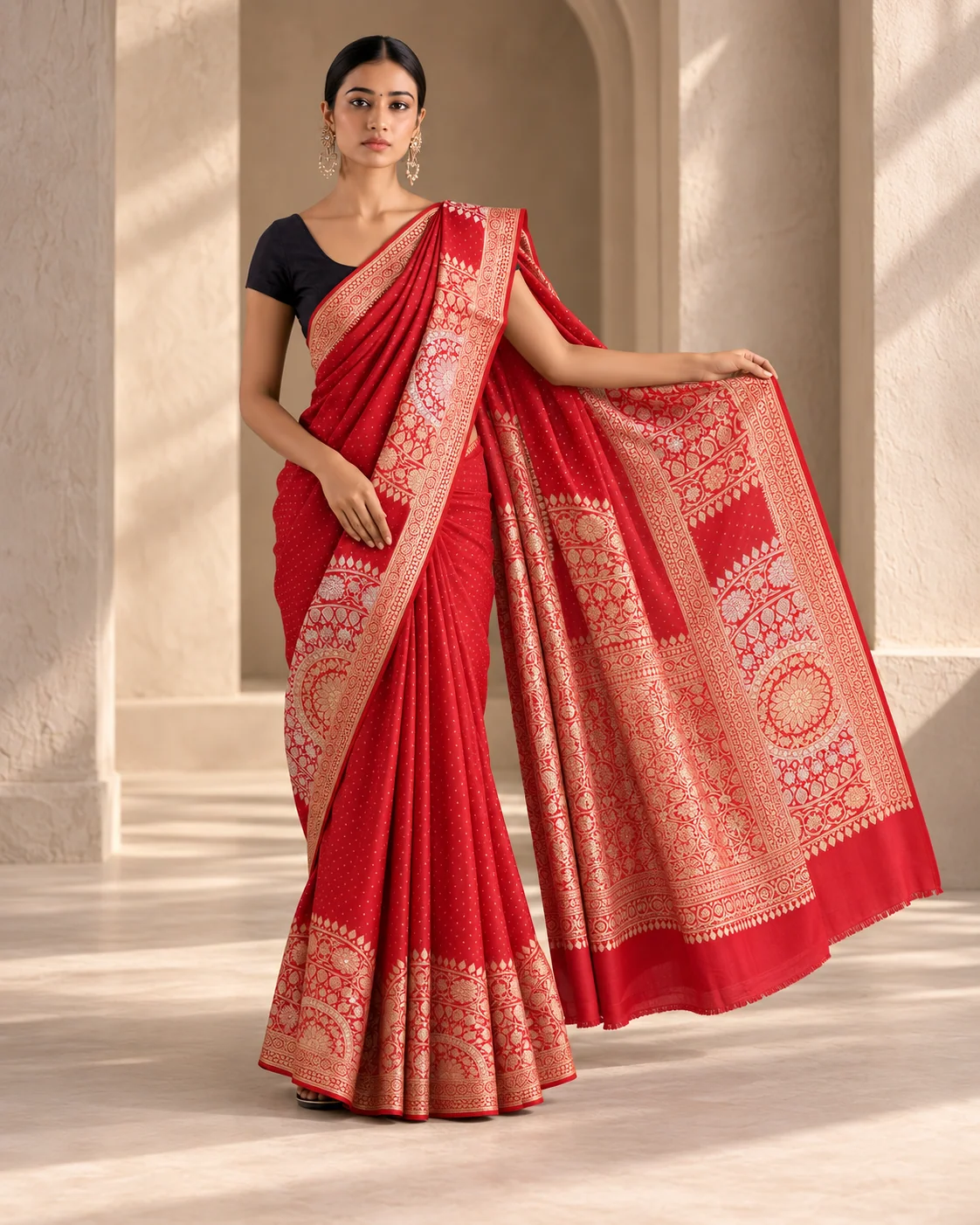 Red Mashru Silk Saree, Sona Rupa Zari