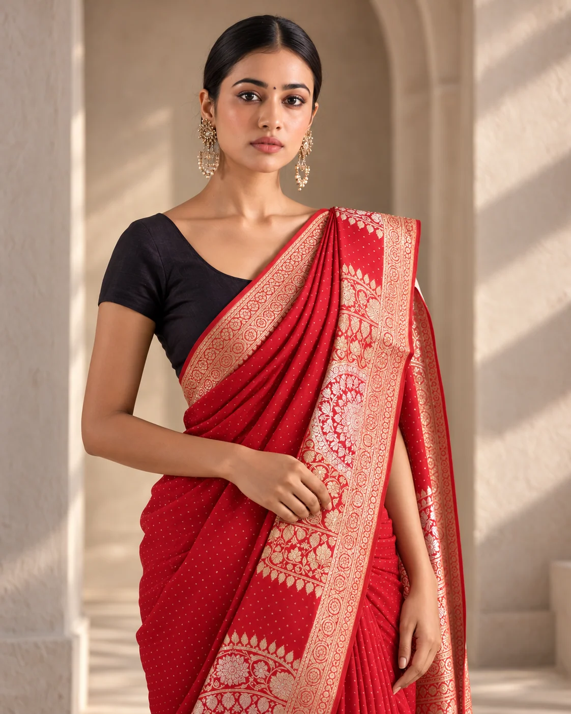 Red Mashru Silk Saree, Sona Rupa Zari