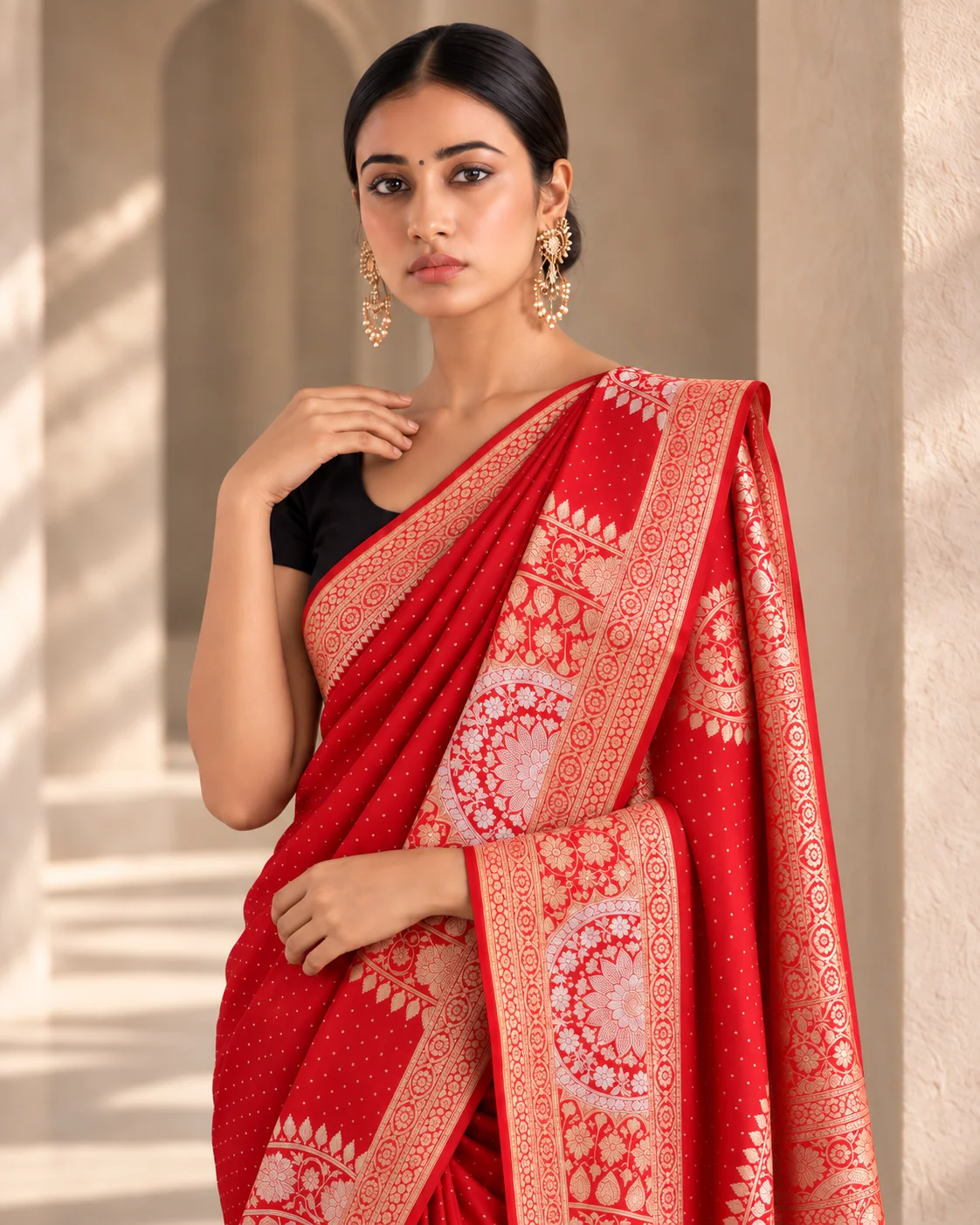 Red Mashru Silk Saree, Sona Rupa Zari