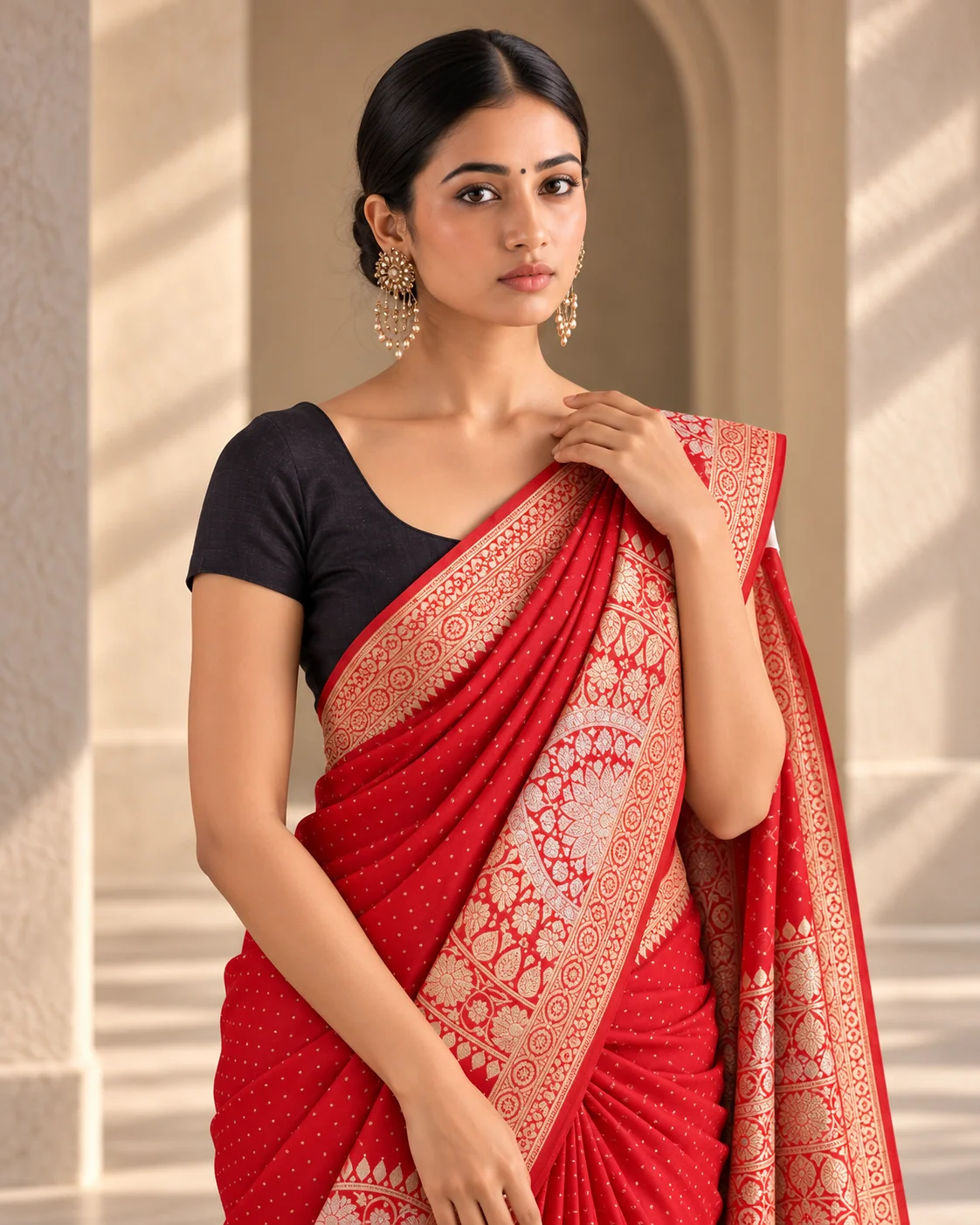 Red Mashru Silk Saree, Sona Rupa Zari