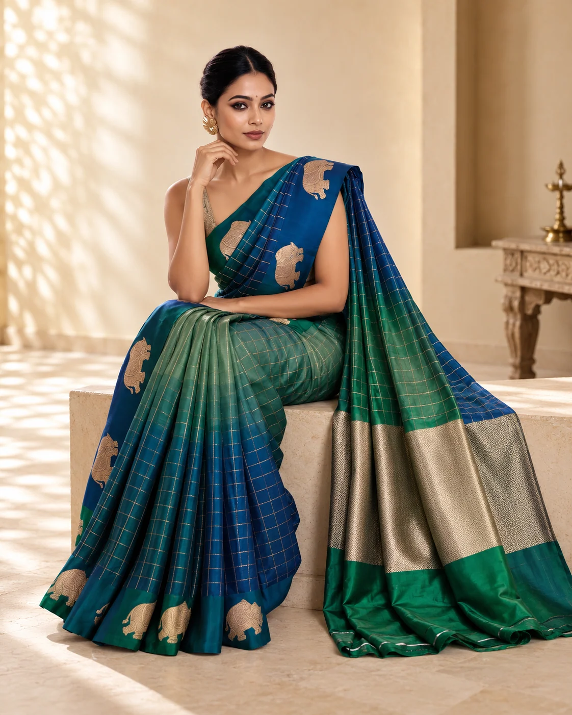 Blue Checks Mashru Silk Saree