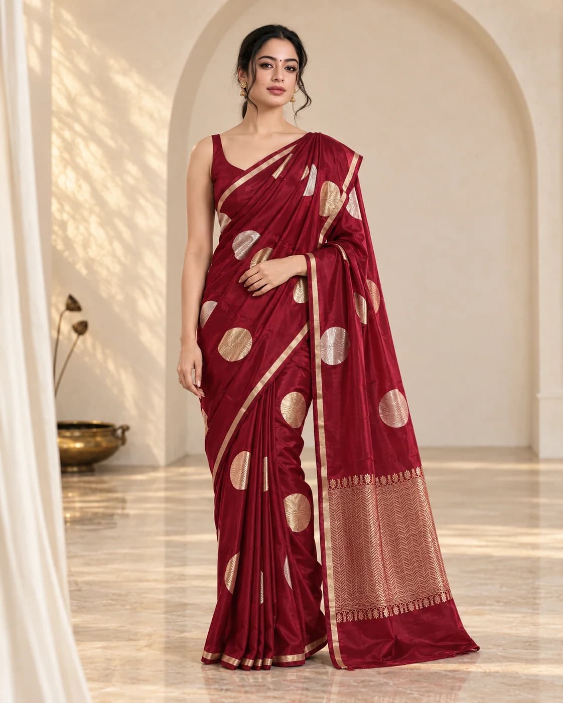 Mohar — Maroon Silk with Gold & Silver Coins, front view, full length