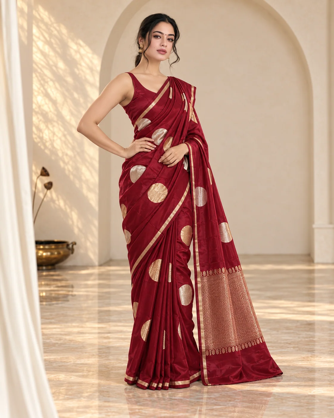 Mohar — Maroon Silk with Gold & Silver Coins, front view, full length