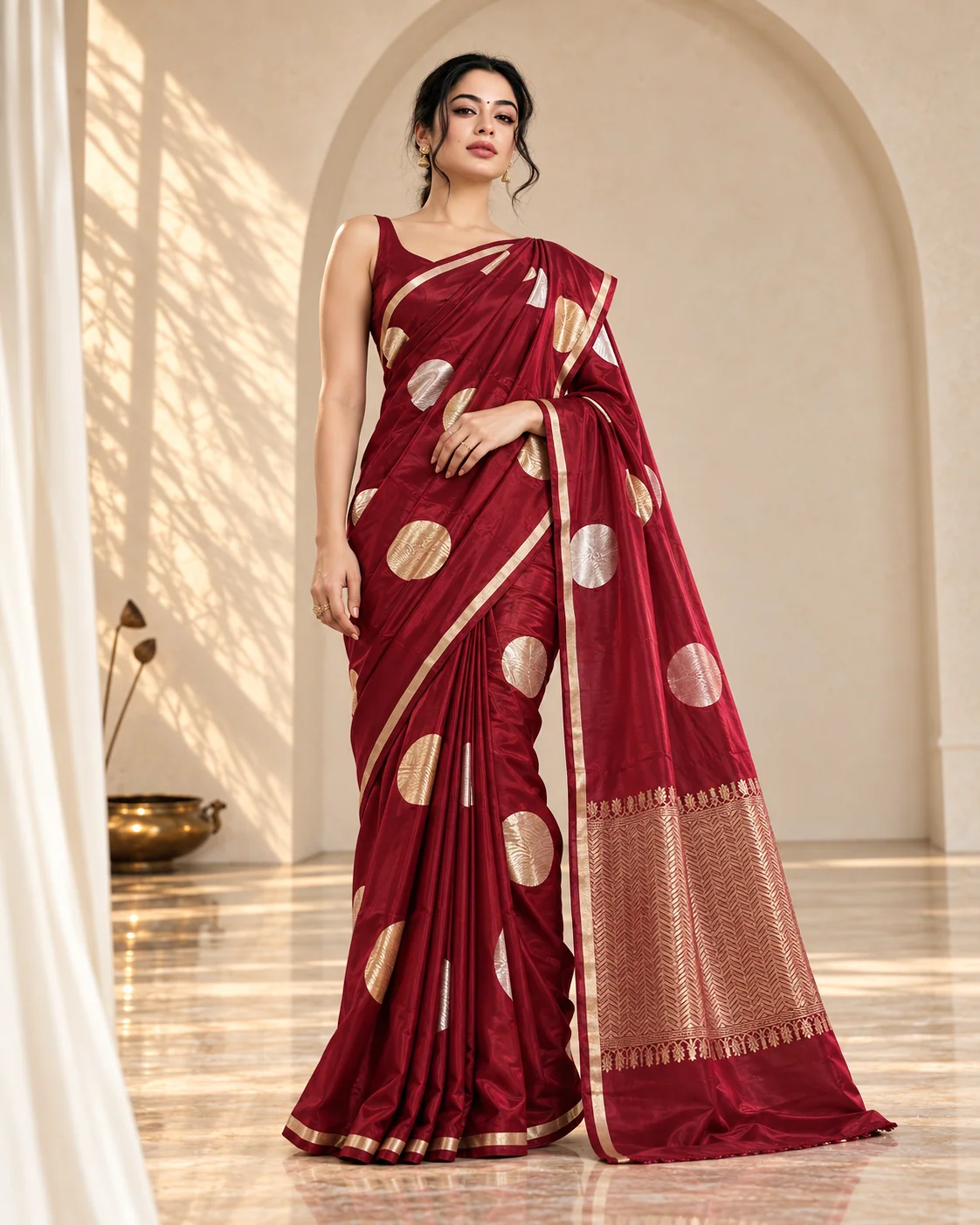 Mohar — Maroon Silk with Gold & Silver Coins, front view, full length