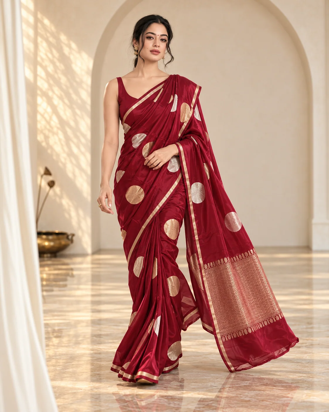 Mohar — Maroon Silk with Gold & Silver Coins, showing the pallu