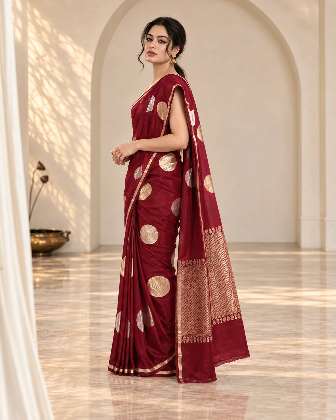 Mohar — Maroon Silk with Gold & Silver Coins, side view showing the border