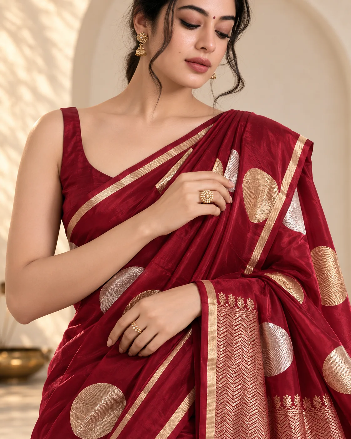 Mohar — Maroon Silk with Gold & Silver Coins, close-up of the drape and fabric
