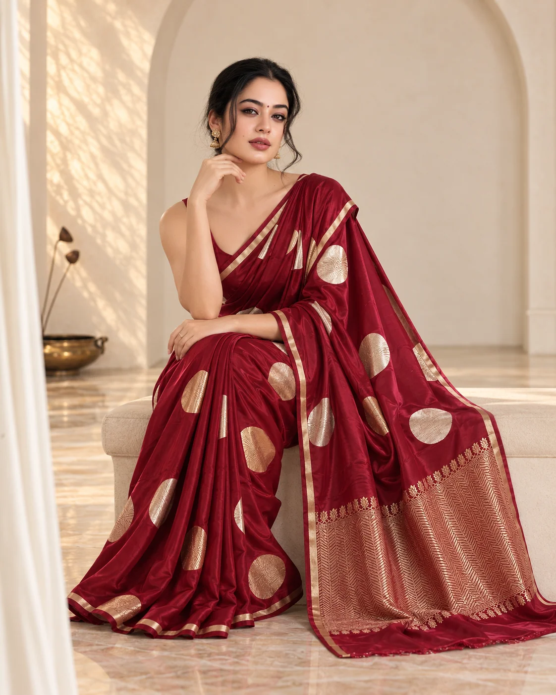Mohar — Maroon Silk with Gold & Silver Coins, styled portrait