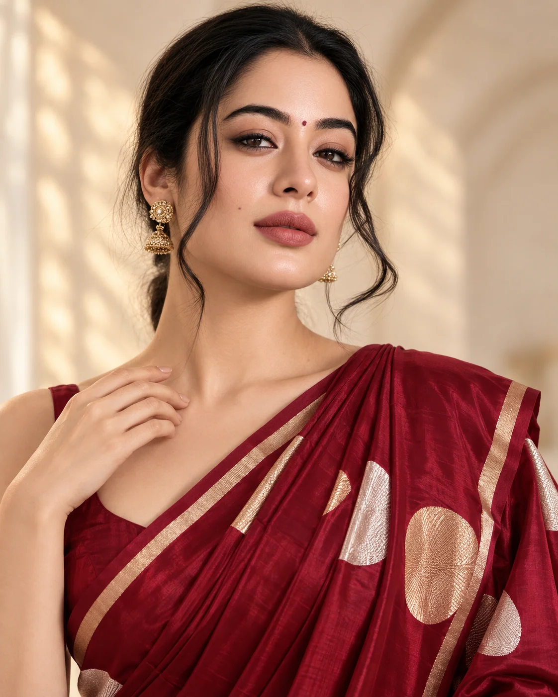 Mohar — Maroon Silk with Gold & Silver Coins, styled portrait