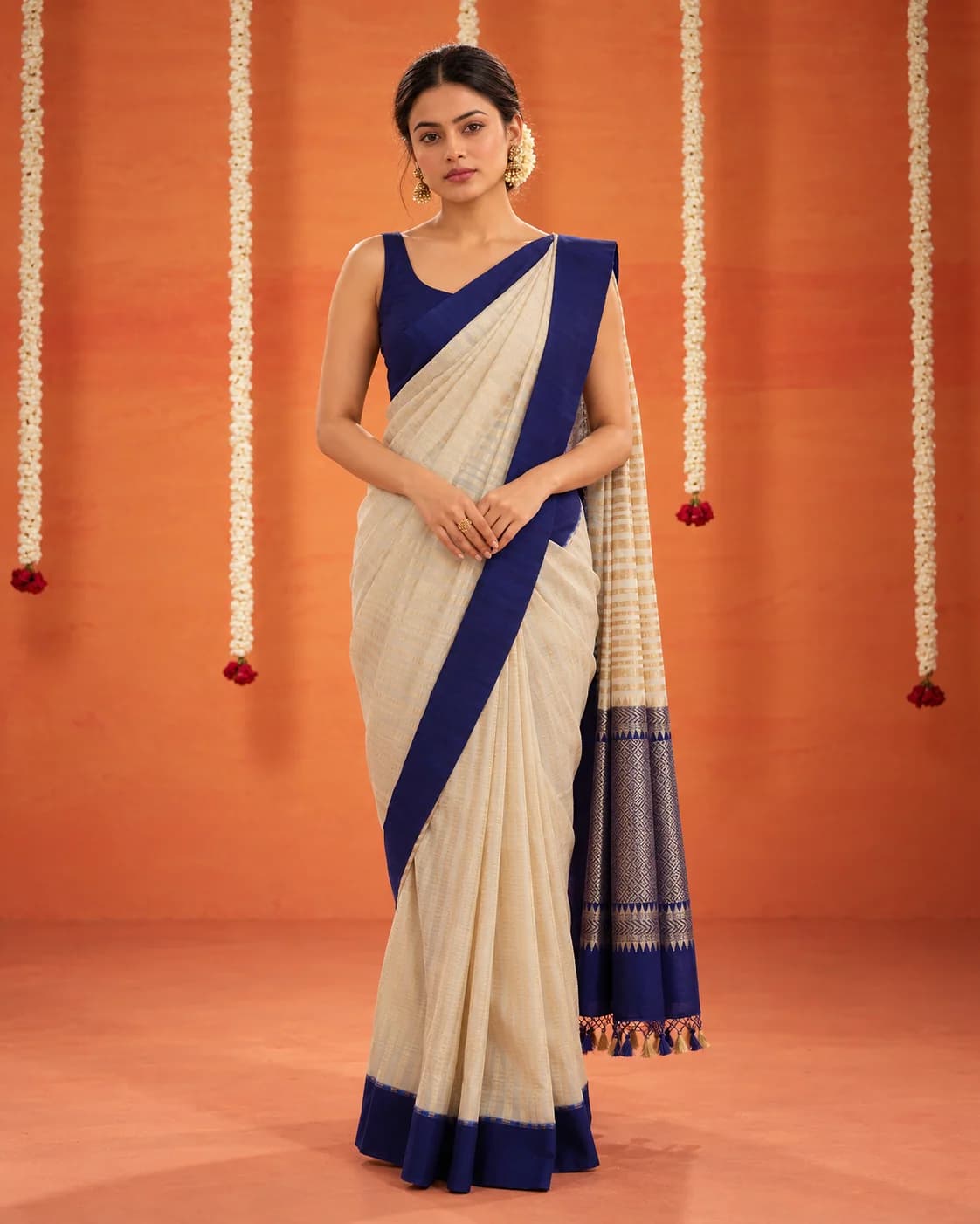 White Munga Silk Saree, Gold & Blue Border