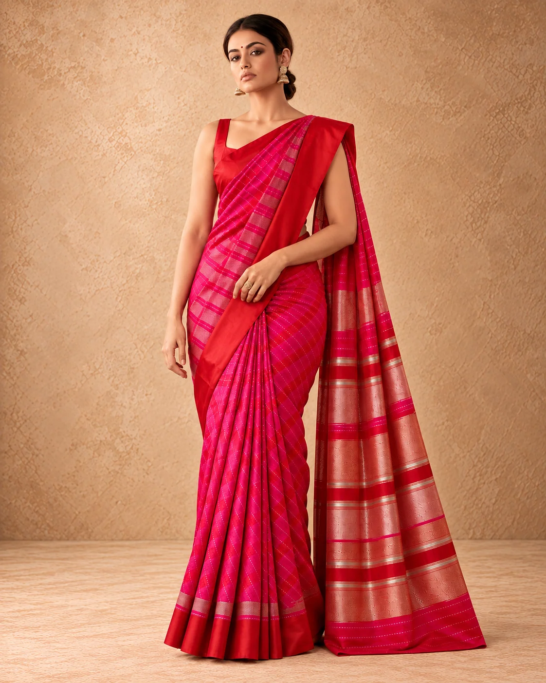 Rani Pink & Red Katan Silk Saree