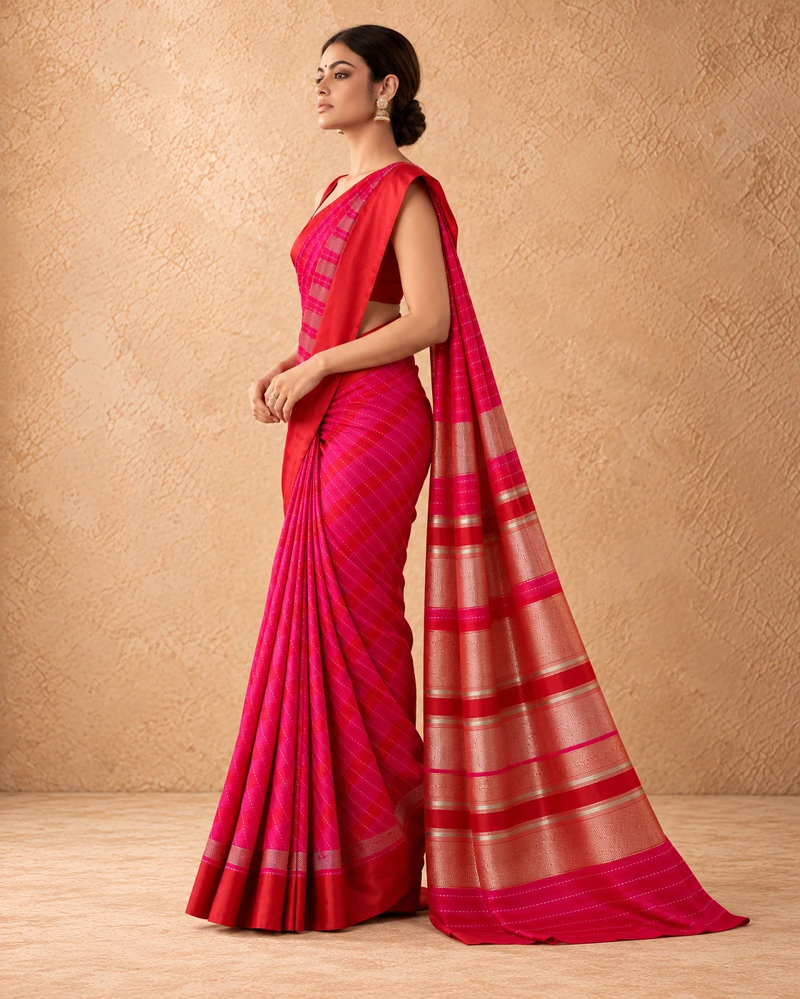 Rani Pink & Red Katan Silk Saree