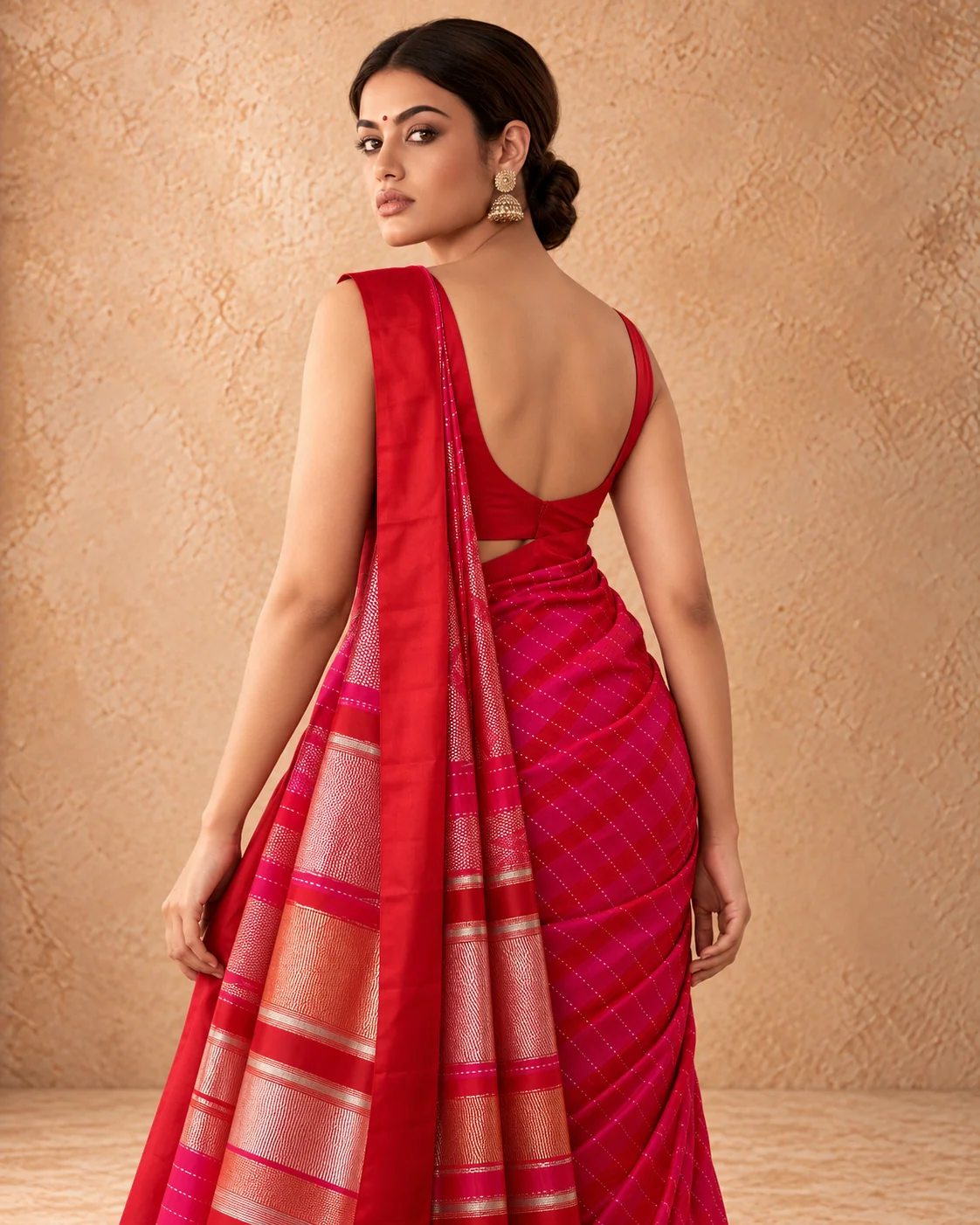 Rani Pink & Red Katan Silk Saree